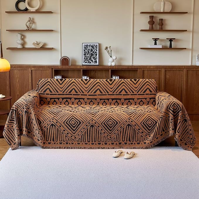VClife Boho Couch Covers Washable Sofa Cover for Sofa, Luxury Sectional Couch Cover Chenille for 3 Cushion Couch, Anti Slip Pet Sofa Slipcover Dog Couch Cover Throw, Black Pumpkin Geometry, 71"x134"
