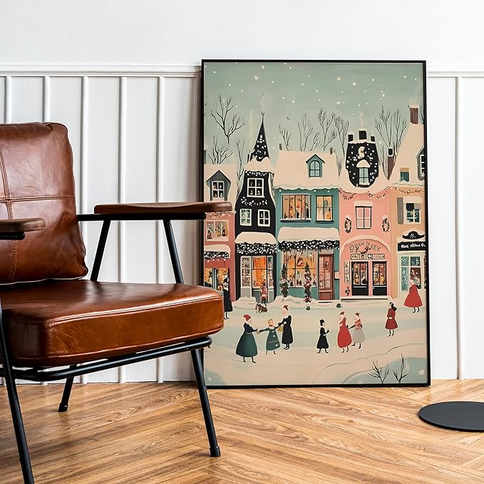 OZCONO Christmas Village Wall Art for Cozy Holiday Decor, Snowy Town Scene for Seasonal Home, Winter Village Artwork, Hello December Print, Xmas Design (Unframed) (12x18)