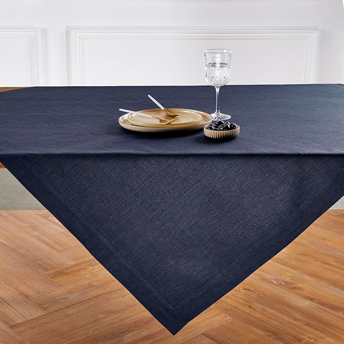 Solino Home Linen Square Tablecloth 52 x 52 Inch - 100% Pure Linen Chambray Navy Table Throw - Athena, Machine Washable Tablecloth for Fall, Autumn, Thanksgiving, Winter