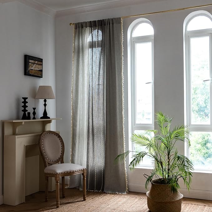 Sutuo Home Boho Curtains 72 inch Long for Bedroom Living Room, Semi Blackout Linen Farmhouse Chic Tassels Window Treatment Bohemian Embroidery Drape, Rod Pocket 1 Panel 52" W x 72" L, Gray Linen