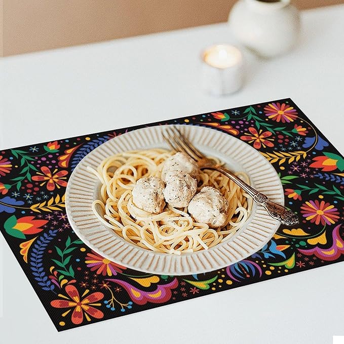 Mexican Floral Placemat Set of 4, 12x18 Inch Colorful Mexico Fiesta Birds Talavera Cinco De Mayo Dia De Los Muertos Day of The Dead Coffee Table Mats for Outdoor Kitchen Dining Table Decoration