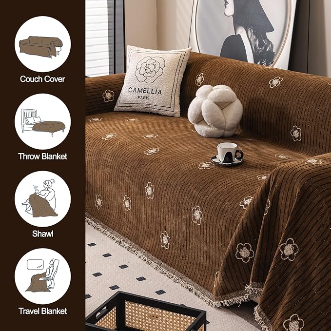ROOMLIFE Boho Couch Covers Brown for 3 Cushion Sofa, Chenille Couch Cover Sectional Sofa Cover for Dog, Washable Furniture Sofa Protector Cover Soft Blanket with Tassel for Living Room, 71 '' X 134''