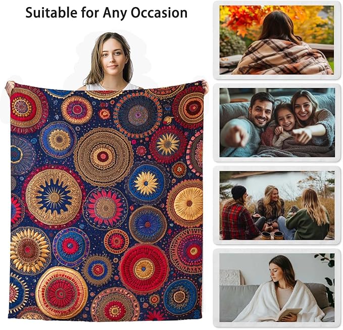 Colorful Bohemian Printed Blanket for Women Men, Mandala Circular Patterns Soft Lightweight All Season Throw for Home Decor, Couch, Bed, Camping, Travel, 50x60 Inches