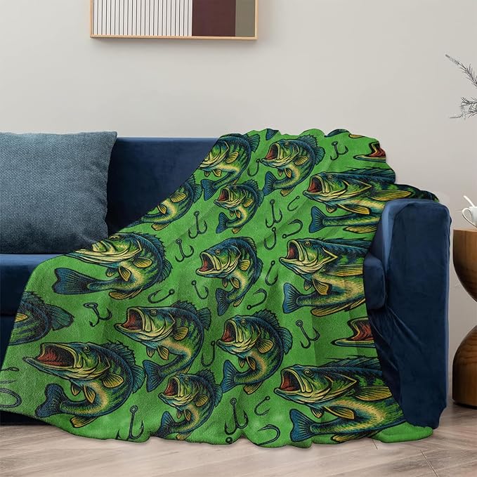 Fishing Bass Blanket Gifts for Women Girls Kids, Soft Warm Lightweight Flannel Green Largemouth Bass Fish with Hooks Throw Blankets for Bedroom Living Room Home Sofa Home Decor 40" x 50"