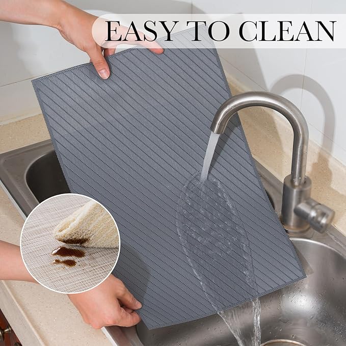 BACKTOEDEN Placemats Set of 8 Heat Resistant Washable Wipeable Placemat Woven Non-Slip Foldable Vinyl/Plastic Place Mats Indoor/Outdoor Mat Kitchen Dining Table Pad, Dark Gray Twill