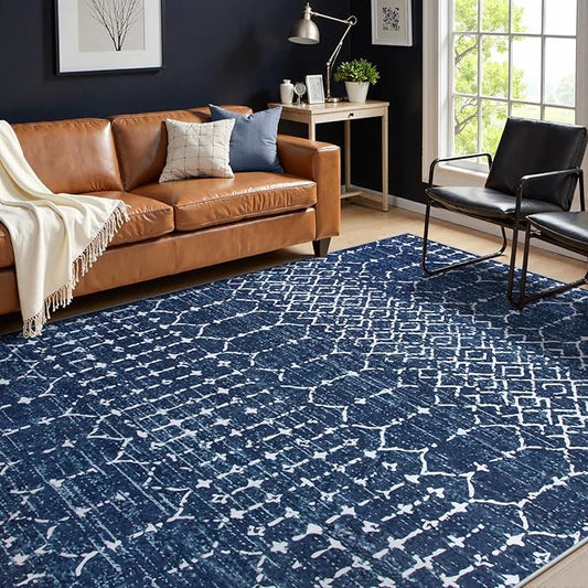 Lahome Moroccan Living Room Rug 9x12 - Non-Slip Washable Ultra-Thin Soft Large Area Rug, Modern Geometric Print Stain Resistant Carpet for Bedroom Dining Room, Blue