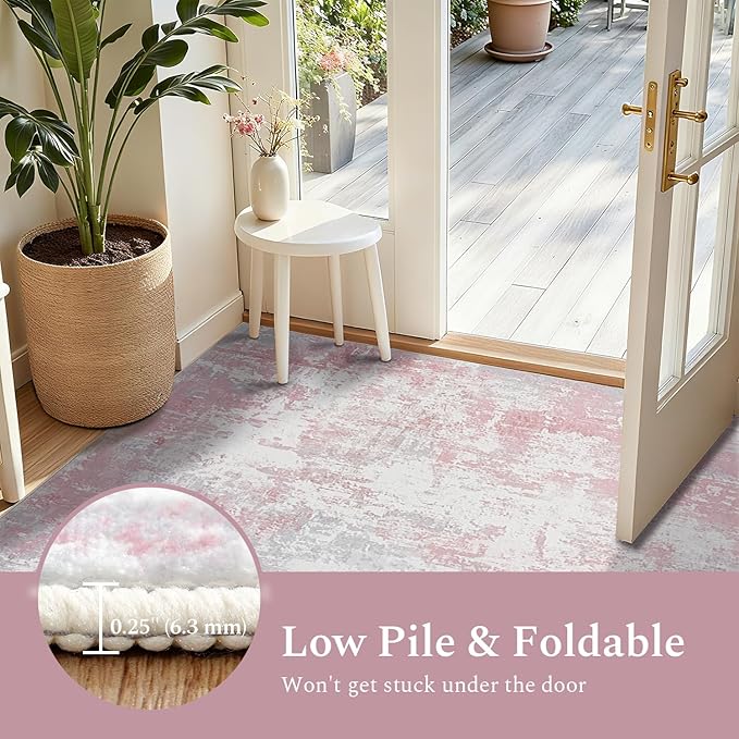 Rugflix 5x7 Area Rugs for Living Room, Washable Large Rug Stain-Resistant Low Pile, Modern Carpet for Dining Room Home Office Kid Room Nursery Bedroom, Pink Grey