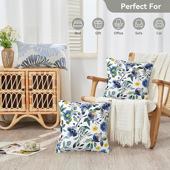 Blue and Yellow Flowers Pillow Covers 18X18 Set of 2, Watercolor Abstract Floral and Leaves Decorative Throw Pillow Covers, Pillowcase Cushion Case for Home Sofa Couch Indoor Outdoor