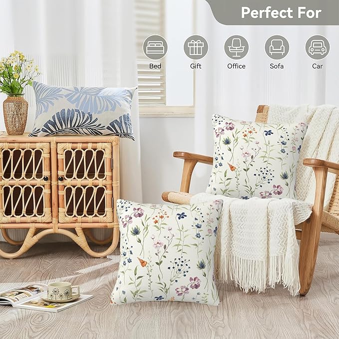 Colored Flowers and Leaves Pillow Covers 18X18 Set of 2, Watercolor Wildflowers Decorative Throw Pillow Covers, Pillowcase Cushion Case for Home Sofa Couch Indoor Outdoor Decorations