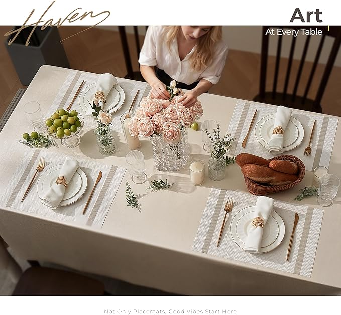 Leetaltree Luxury White Placemats with Gold Stripes Placemats Set of 8 - Waterproof Washable for Wedding, Anniversary, Daily Use - Sparkling Table Decor - Hand-Cut