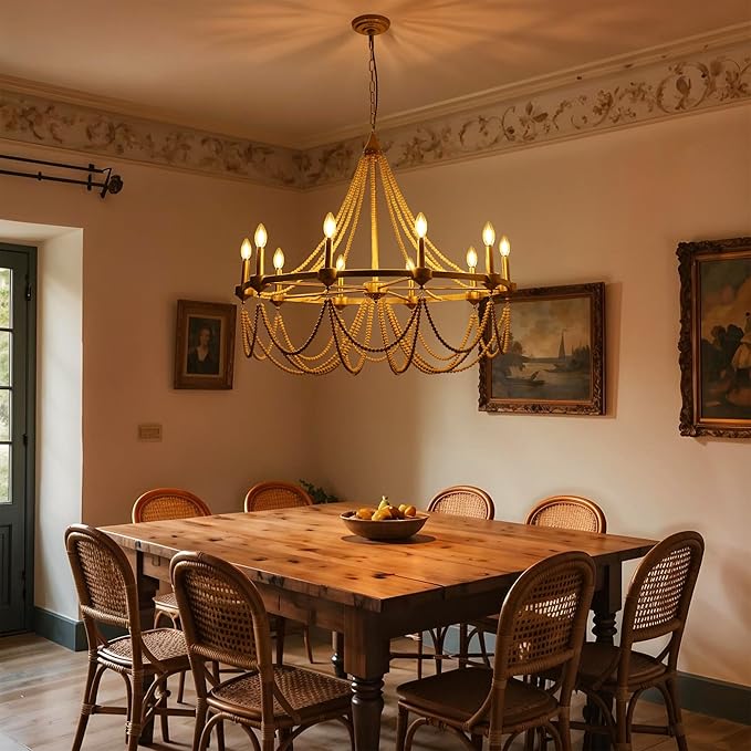 COCOSTAR Large Beaded Dining Room Chandelier,36" French Country Gold Chandeliers,Adjustable Height Modern Bohemia Pendant Light for Villa Hotel -E12 Candle Wagon Wheel Design
