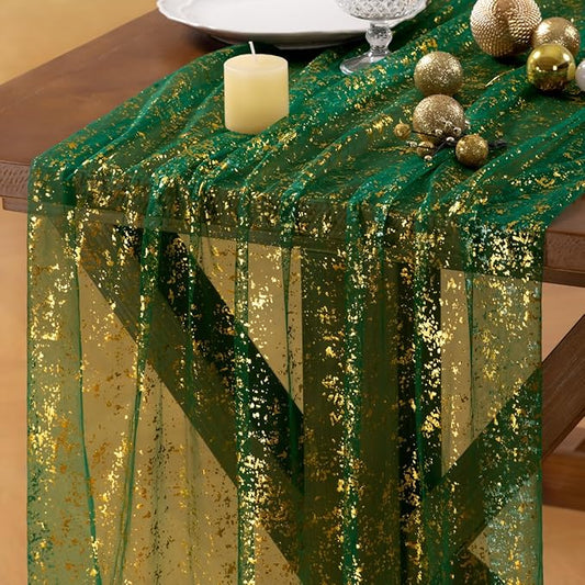 Socomi Christmas Snow Table Runner Gold Gauze Sheer Chiffon Cheesecloth Sequin 10FT Glitter Metallic Foil Dining Wedding Birthday Party Fall Winter Holiday Centerpiece Table Decor 3pcs Emerald Green