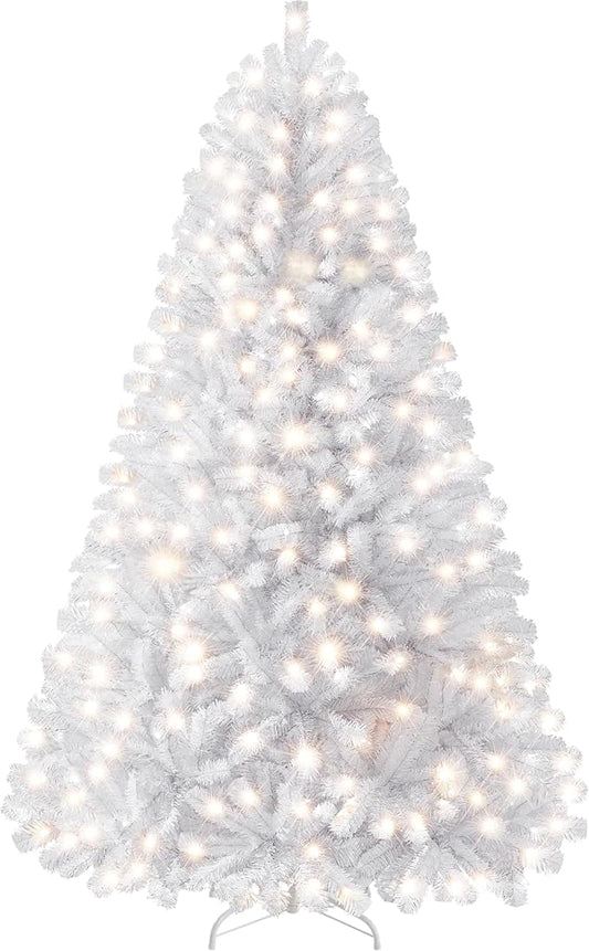 Yaheetech 7.5ft Pre-lit Spruce Artificial Hinged Christmas Pine Tree Prelighted Holiday Xmas Tree for Home Party Decoration with 550 Warm White Lights and 1354 Branch Tips, White