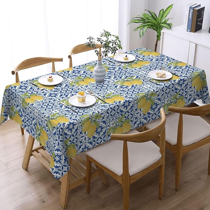 Blue Tiles Lemons Table Cloth for Dining Tables, Reusable Mexican Patchwork Tile Tablecloths Decoration Kitchen Summer Fruit Yellow Rectangle Table Cover for Holiday,Party,Picnic, 54x72Inch