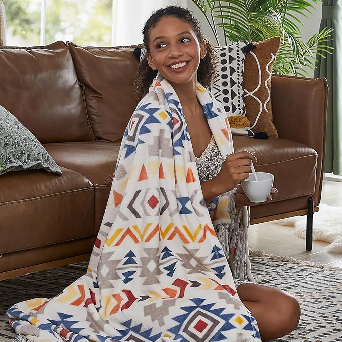 CASAAGUSTO Boho Throw Blanket - Colorful Decorative Blankets with Tassel, Printed Flannel Bohemian Blanket for Chair, Bed, Sofa, Couch(50 * 60, Colorful)