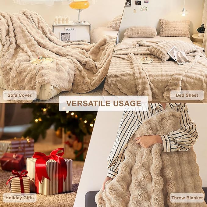 HANDONTIME Plush Sofa Slipcovers Washable Couch Cover for Sofa Super Soft Faux Fur Sofa Covers for 3 Couch Cousion Soild Khaki Rabbit Plush Couch Cushion Covers for Kids Pets, 71" X118"