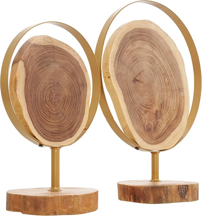Deco 79 Wood Abstract Handmade Decorative Sculpture Live Edge Slab Home Decor Statues with Gold Metal Rings, Set of 2 Accent Figurines 14", 11"H, Brown