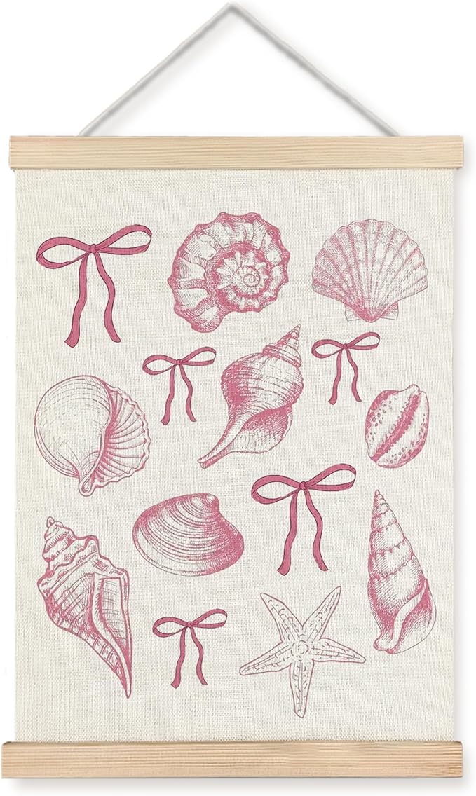 ignytiger Coastal Beach Seashell Wall Art Poster Framed, Ocean Beachy Room Decor Aesthetic, Pink Coquette Bow Seashell Canvas Wall Art Prints for Girly Home Bedroom Decor, 12x16 Inches