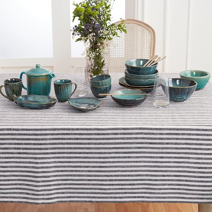 Solino Home Linen Tablecloth 60 x 120 Inch - Amalfi Stripe 100% Pure Linen Black and White Table Cloth for Rectangle Tables - Machine Washable Tablecloth for Fall, Winter, Thanksgiving, Holiday