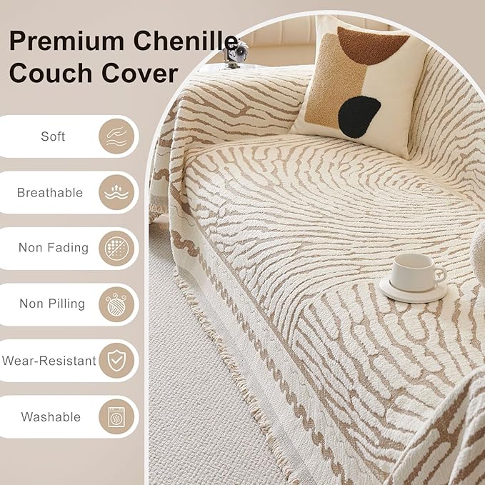 ROOMLIFE Thicked Striped Couch Cover with Tassel Khaki Chenille Sofa Cover Blanket for Sectional Sofa, Soft Sofa Slipcovers for L Shaped Love Seat 2-3 Cushion Couch Anti Slip Sofa Protector, 71"x118"