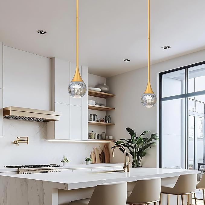 2-Pendant Lights Kitchen Island, Painted Gold Globe Crystal Ceiling Hanging Light Fxitures, LED Light Fixtures Metal Rod Ceiling Glass Pendant Lighting for Kitchen Island Dining Room Bar