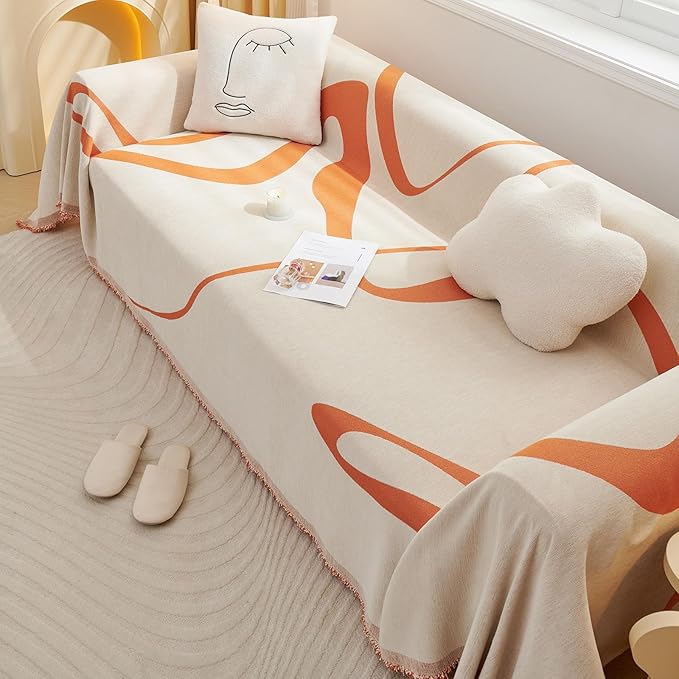 VClife Sofa Couch Cover Washable- Modern White and Caramel Striped Jacquard Couch Cover for 2 Cushion Couch 71''x118'' - 1 Piece Soft Chenille Large Sofa Covers Slipcover for Living Room Bedroom