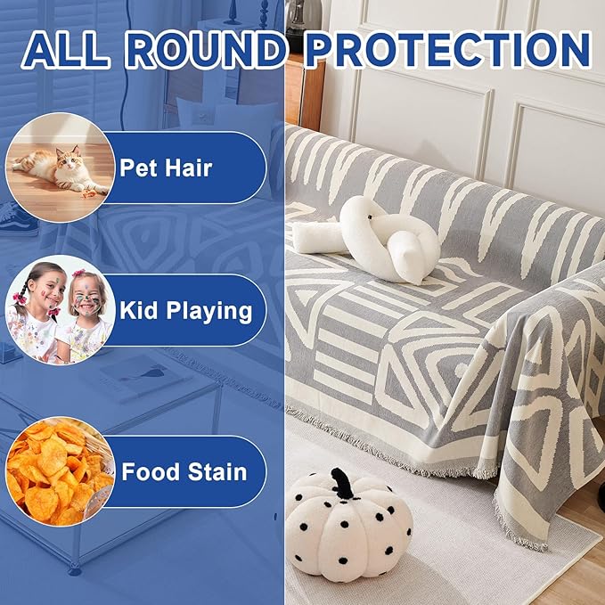 VClife Boho Couch Cover for 3 Cushion Couch Chenille Sofa Cover for Sectional Sofa, Modern Gray Sofa Slipcover Washable Couch Covers for L-Shape Sofa Reversible Sofa Protector 71''x134''