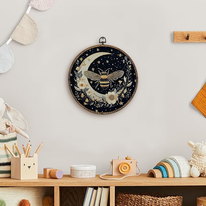 KFXHANGD Gothic Bee Moon Round Wall Art Framed, Witchy Bumble Bee Botanical Canvas Wall Art Decor, Celestial Bees Floral Hanging Decor for Bathroom Bedroom Kitchen, 10x10inch
