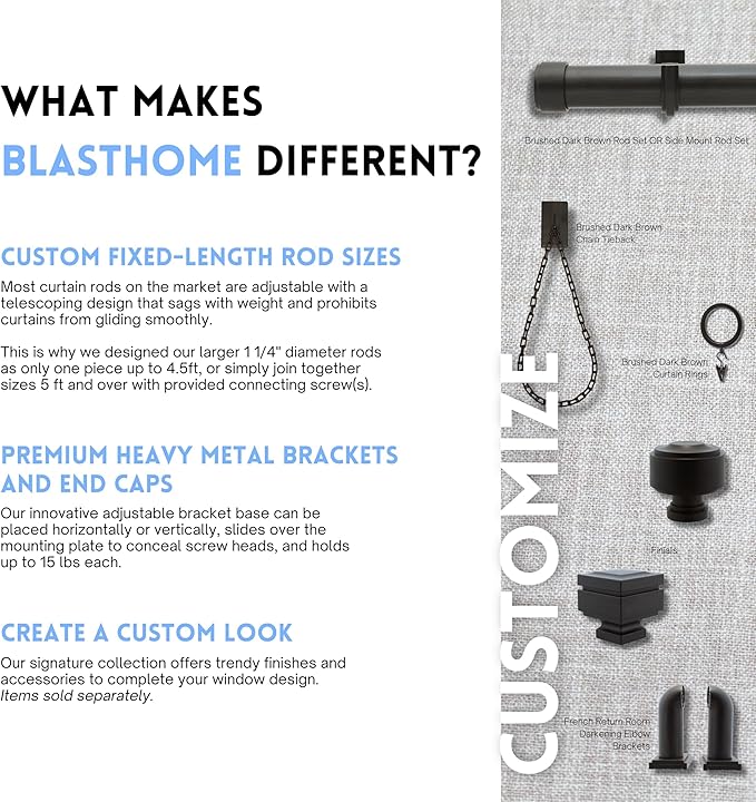 BlastHome® Luxury Curtain Rings - Premium Metal with Quiet, Smooth Nylon Inserts - Pinhooks and Clips Included - 1 1/2" Inside Diameter - 9 Rings for One Standard Curtain - Brushed Dark Brown