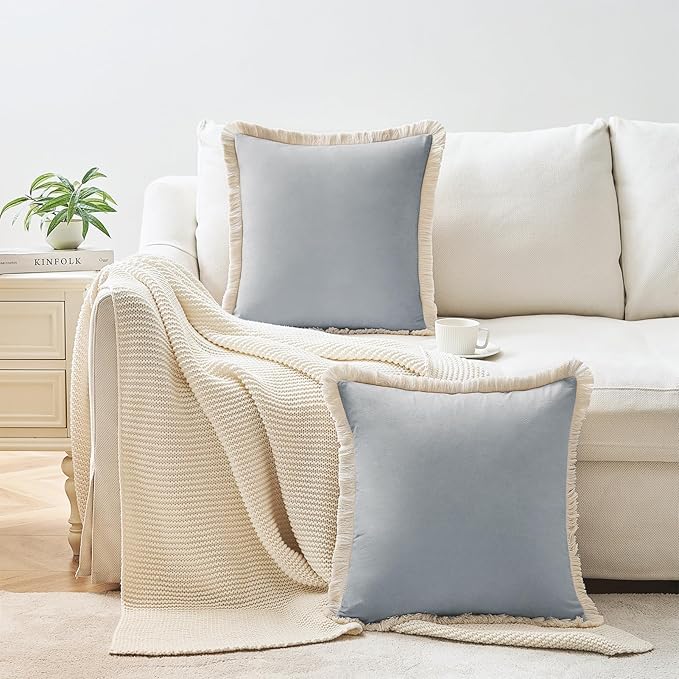 MONDAY MOOSE Decorative Throw Pillow Covers Cushion Cases, Set of 2 Soft Velvet Modern Fringe Tassel Designs, Mix and Match for Home Decor, Pillow Inserts Not Included (Powder Blue, 16x16 inch)