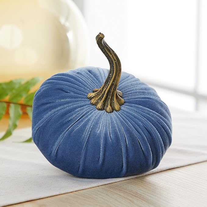 Set of 3 Velvet 6.25 Inch Pumpkins, blue pumpkins, fall decorations for the home, elegant autumn accent, bowl filler for centerpiece, basket for hostess gift, mantel decor (Slate, Gray, Teal)