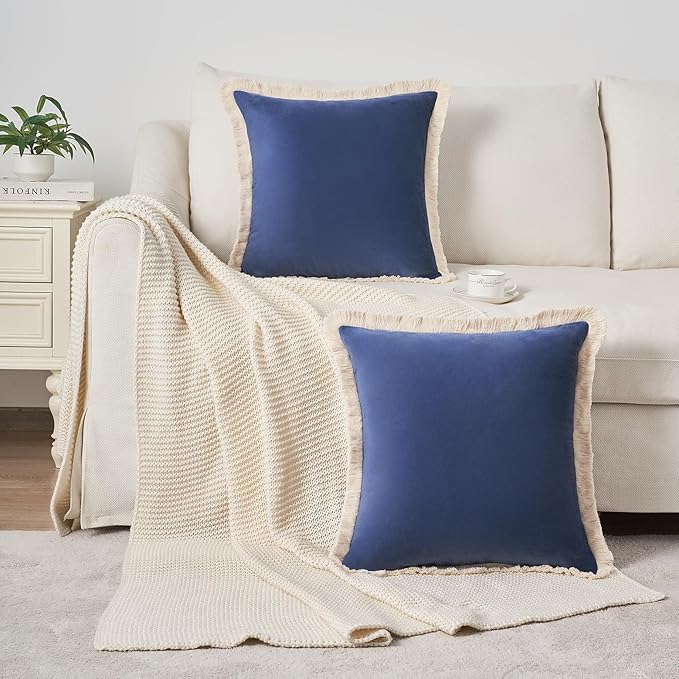 MONDAY MOOSE Decorative Throw Pillow Covers Cushion Cases, Set of 2 Soft Velvet Modern Fringe Tassel Designs, Mix and Match for Home Decor, Pillow Inserts Not Included (Midnight Blue, 18x18 inch)