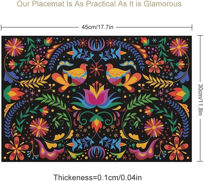 Mexican Floral Placemat Set of 6, 12x18 Inch Colorful Mexico Fiesta Birds Talavera Cinco De Mayo Dia De Los Muertos Day of The Dead Coffee Table Mats for Outdoor Kitchen Dining Table Decoration