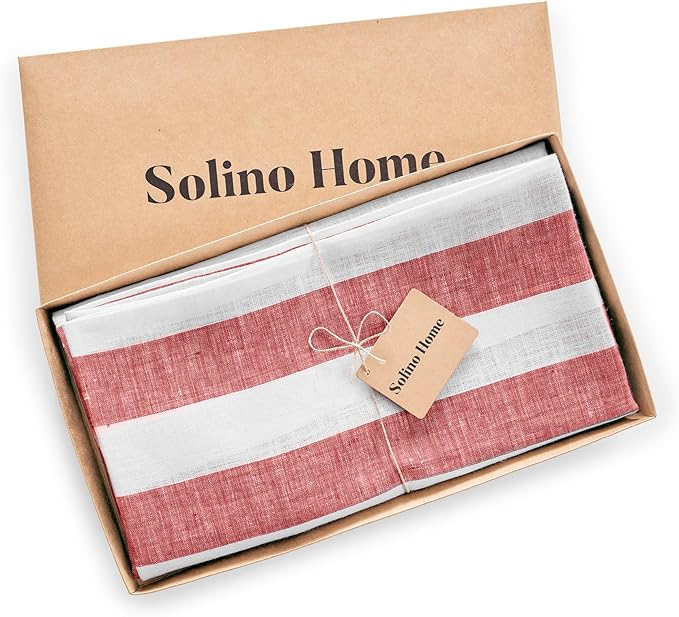 Solino Home Linen 60 Inch Round Tablecloth - Cabana Stripe, 100% Pure Linen Red and White Round Tablecloth - Machine Washable Table Cloth for Christmas