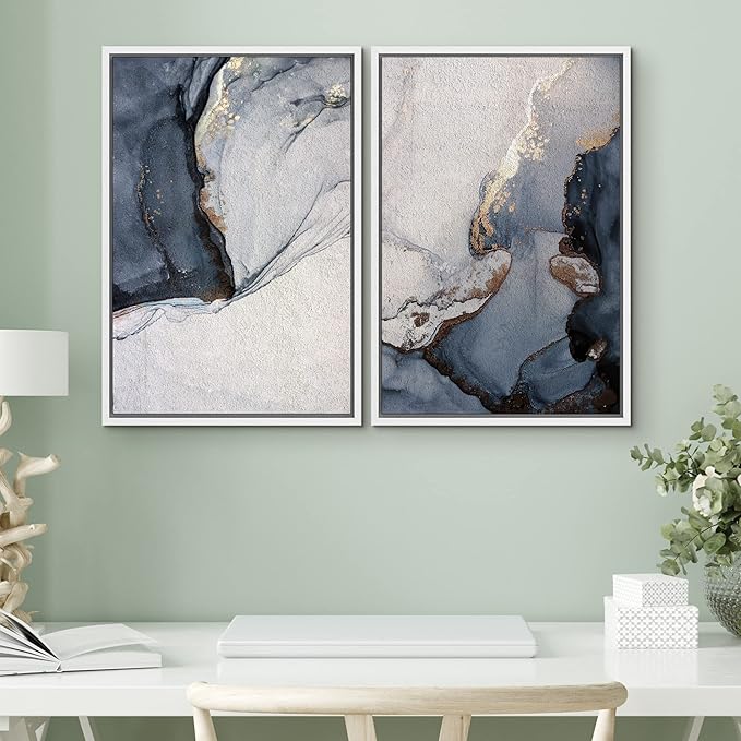 SIGNWIN Framed Canvas Print Wall Art Set Pastel Watercolor Blue Smoke Waves Abstract Shapes Illustration Modern Art Minimalism Decorative Nordic for Living Room, Bedroom, Office - 16"x24"x2 White