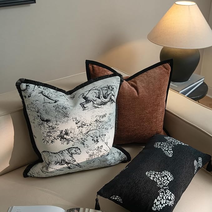 New 20x20'' inches Throw Pillow Cushion Covers - Black Jungle Tiger with Edge Strip Chenille Jacquard Embroidery Luxury Modern Style Couch Sofa Bed Pillow Cover for Living Room Bedroom