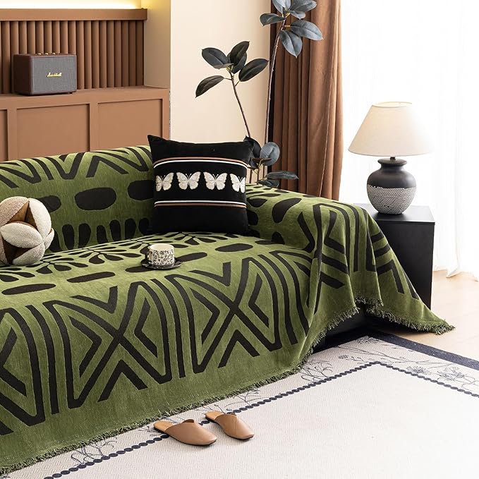VClife Boho Couch Cover Soft Chenille Sofa Cover for Sofa Bed, 1 Piece XL Couch Covers for 3 Cushion Couch Sofa Washable Green Black Jacquard Pattern Sofa Protector for Living Room 71''x134''
