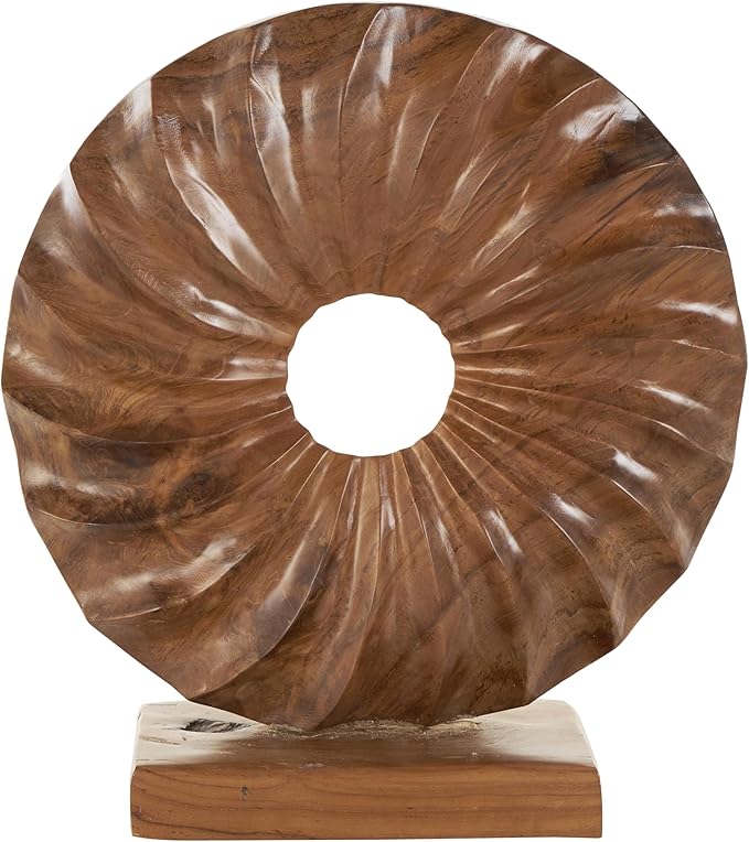 Deco 79 Teak Wood Abstract Handmade Decorative Sculpture Dimensional Circular Home Decor Statue with Center Cutout, Accent Figurine 16" x 5" x 17", Brown
