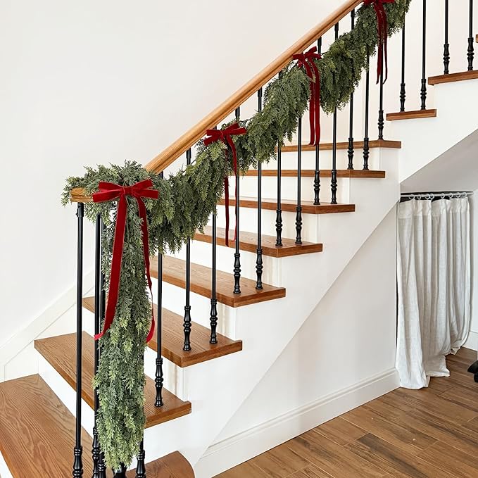 4PCS 6FT Artificial Cedar Garland for Christmas Decoration - Realistic Winter Greenery Garland for Mantel, Fireplace, Table, Door, Holiday Indoor Outdoor Decor