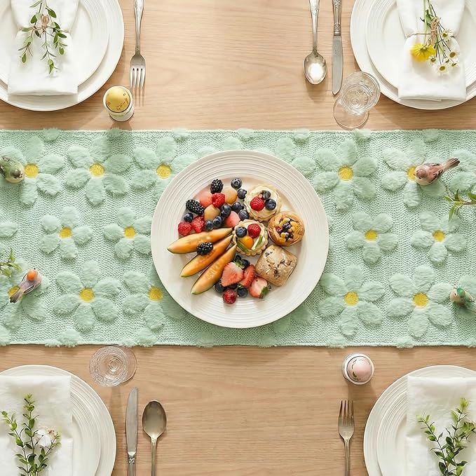 Artoid Mode Green Soft Plush Faux Fur Jacquard Embroidery Daisy Spring Table Runner, Kitchen Dining Table Decoration for Home Party Decor 13x120 Inch
