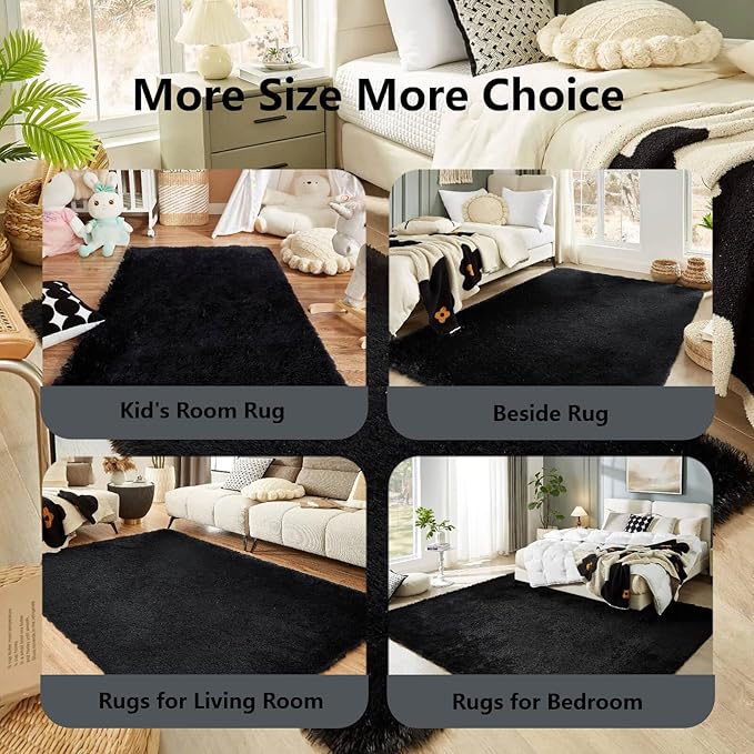 Floralux 6x9 Rugs for Living Room, Black Fluffy Area Rug for Bedroom, Non-Slip, Ultra Soft Plush Shag Carpet for Kids Boys Girls Room, Playroom, Home Decor Aesthetic
