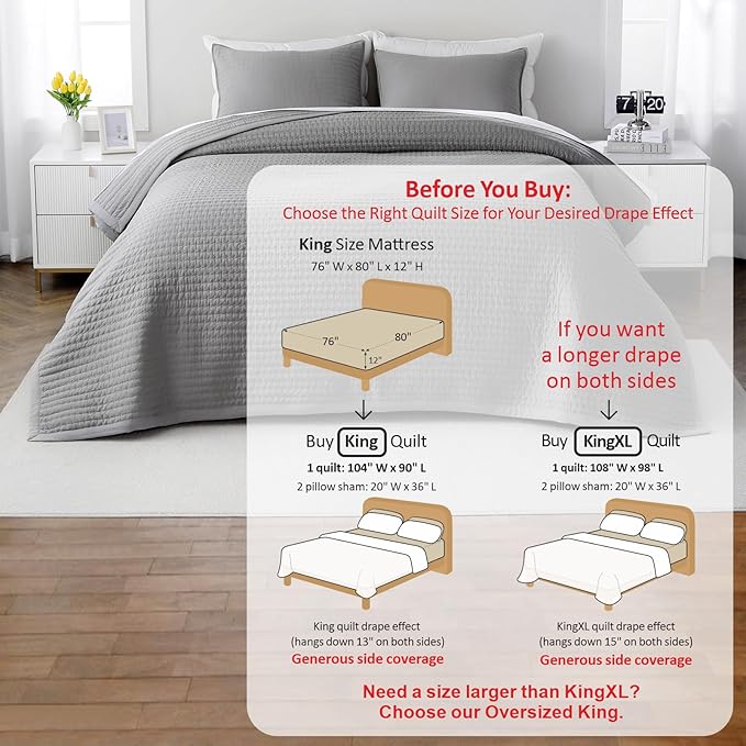 King Quilt Set – 104"x90" Soft Washed 3-Layer Lightweight Bedspread with Multi-Lock Quilting, Minimalist Nordic Bedding, All-Season Quilt Set for Spring & Summer (1 Quilt + 2 Pillow Shams), Grey