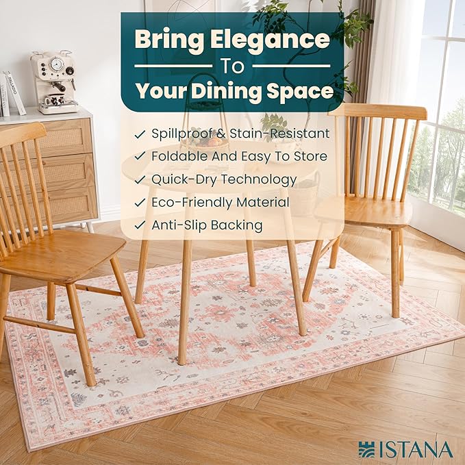 Istana 4x6 Area Rug - Pink Rugs for Living Room 4x6 - Foldable Rugs for Bedroom - Stain Resistant Washable Rug - Eco-Friendly Boho Area Rugs - Easy to Clean Living Room Rug 4 x 6