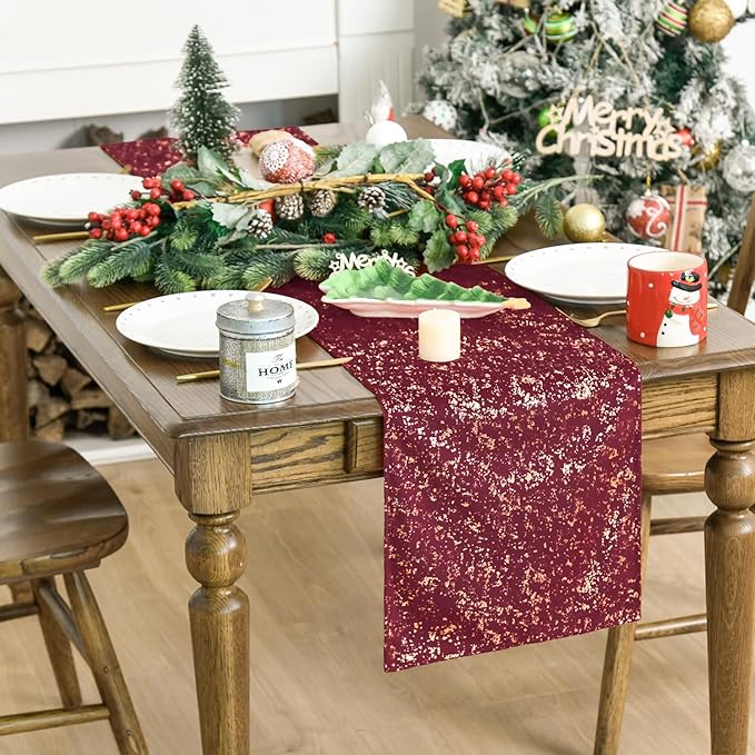 Artoid Mode Burgundy Dutch Fleece Table Runner, Glitter Metallic Foil Holiday Kitchen Dining Table Decoration for Home Party Decor 13x60 Inch