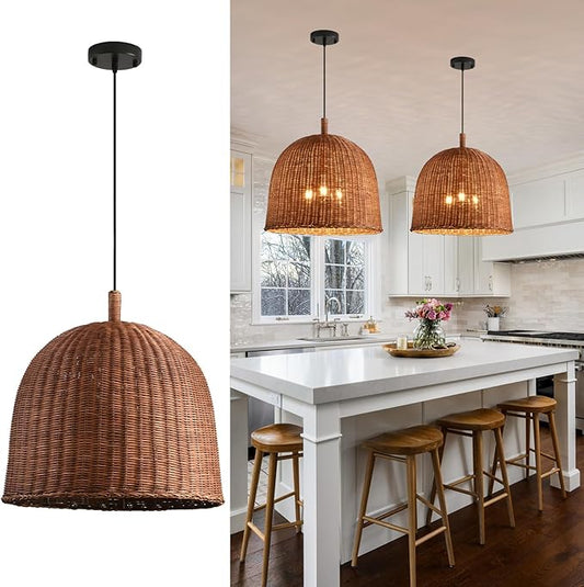 16.9" Rattan Pendant Light Fixtures, 3-Lights Boho Chandelier Hand Woven Pendant Light Farmhouse Hanging Light for Living Room Kitchen Island Dining Room Hallway