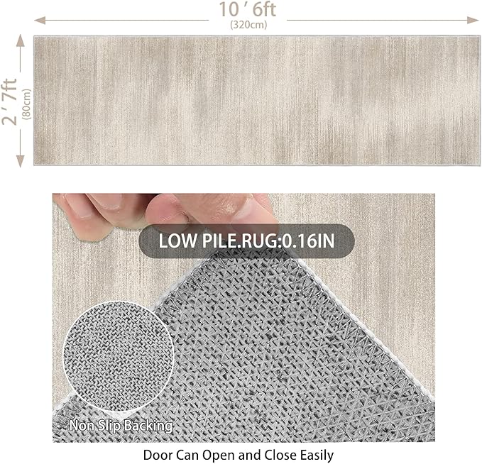 Enkor Runner Rugs for Hallway, 2'7"x10'6" Washable Soft Non Slip Abstract Rugs for Kitchen, Modern Mat for Entryway Living Room Bedroom Beige & Grey