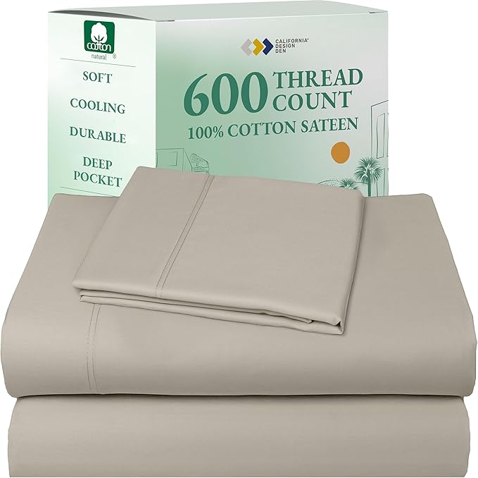 California Design Den Natural 100% Cotton Sheets Twin Size Bed Set - Luxury 600 Thread Count Sateen, Hotel Quality Fully Elasticized Deep Pocket Twin Cotton Sheets, Cool and Durable - Soft Linen