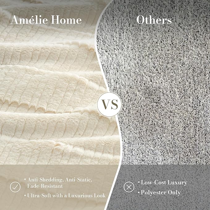 Amélie Home Luxury Striped Faux Fur Throw Blanket for Bed Queen Size, Soft Cozy Fuzzy Fluffy Plush Gift Blankets for Women, 88"x90", Ivory