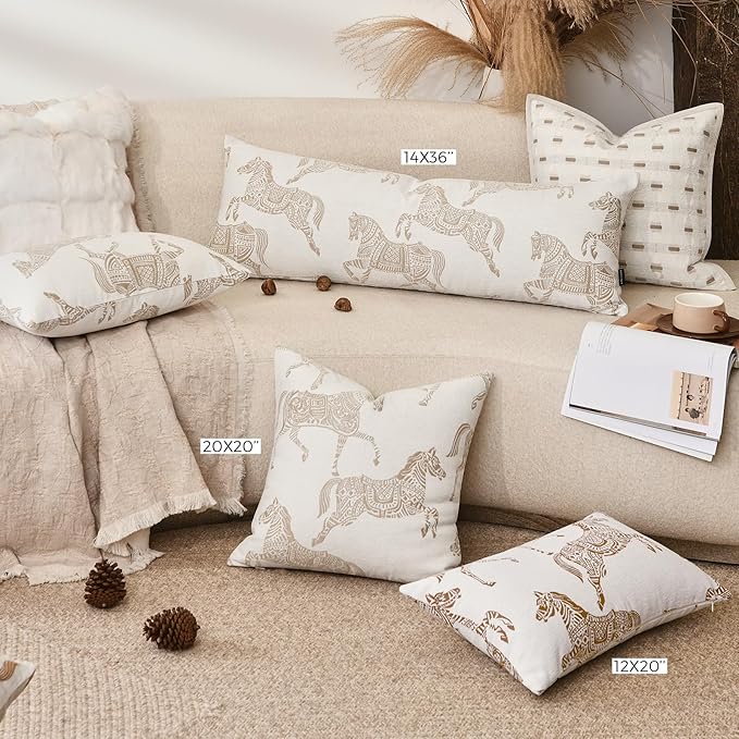 20x20 Throw Pillow Cushion Cover, Beige Horse Chenille Jacquard Embroidered Couch Pillow Covers, Modern Style Decorative Sofa Pillow Covers for Bed Bedroom Living Room