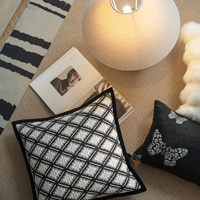 New 20x20'' inches Throw Pillow Cushion Covers - Black Camellia Cocostyle Chenille Jacquard Embroidery Vogue Luxury Modern Style Couch Sofa Bed Pillow Cover for Living Room Bedroom